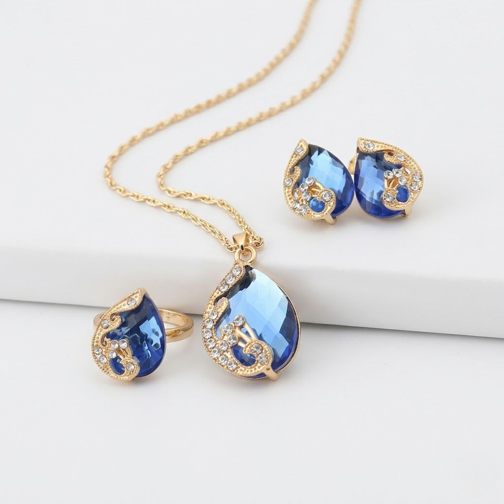 Gold Blue Crystal Necklace and Earring Set