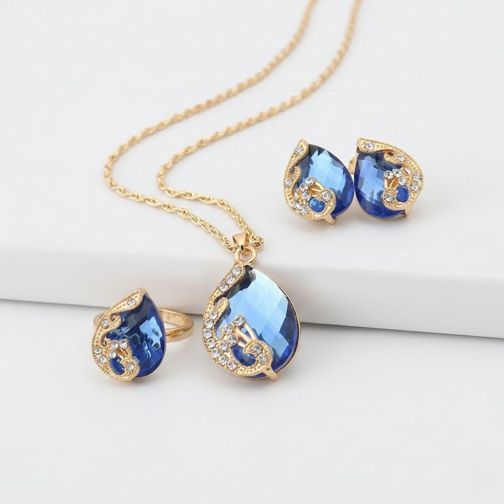 Gold Blue Crystal Necklace and Earring Set