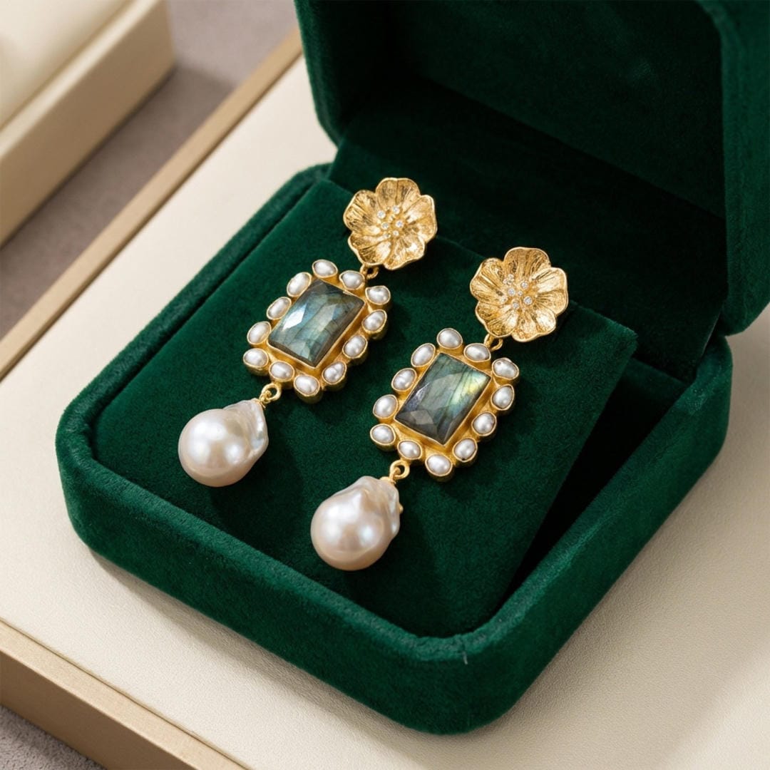 Floral Wreath Earrings with Pearl Drop Accent
