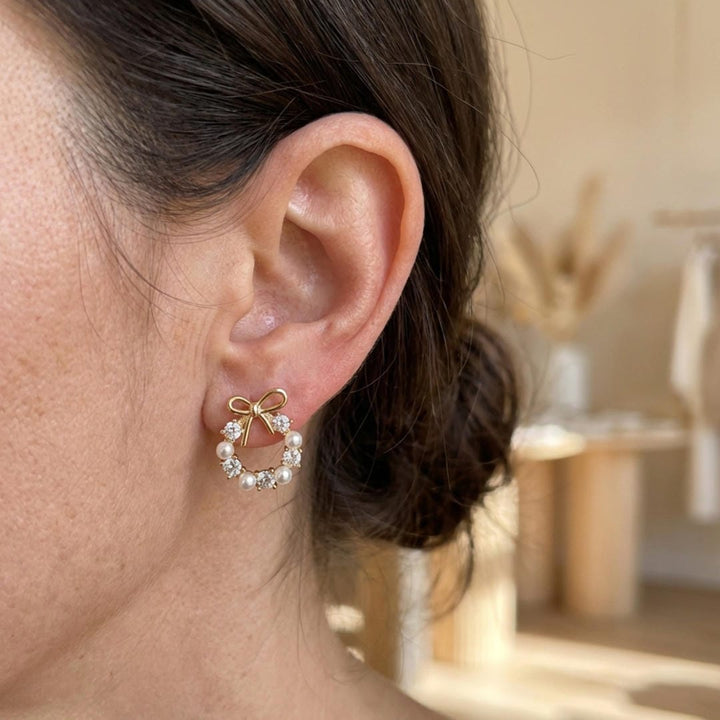 Bow, Halo, and Pearl Accent Earrings