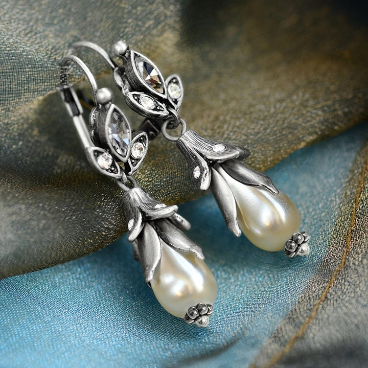 Lily Flower and Pearl Silver Earrings