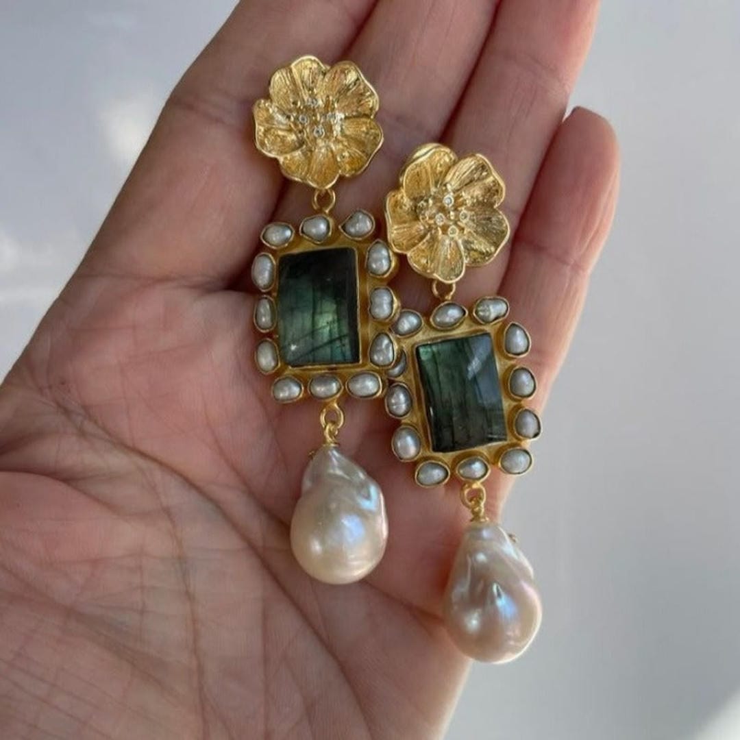 Floral Wreath Earrings with Pearl Drop Accent
