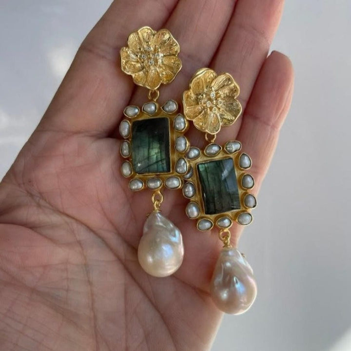 Floral Wreath Earrings with Pearl Drop Accent