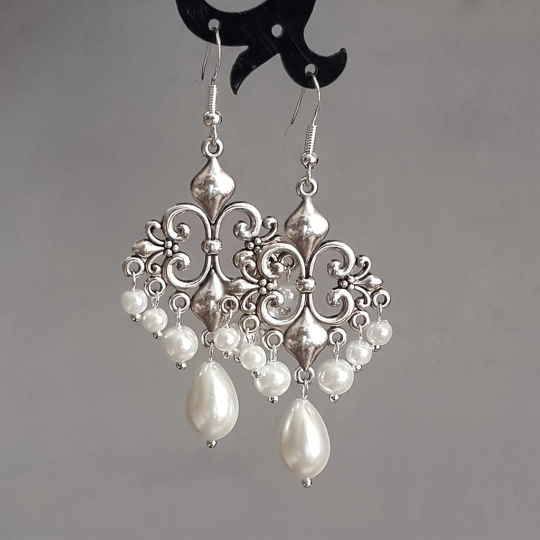 Filigree Drop Earrings with Pearl Chandelier Design