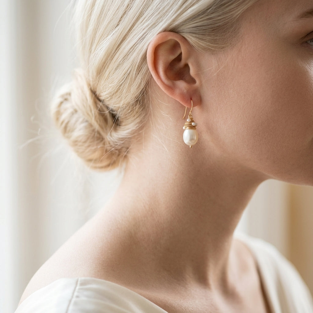 Vintage Pearl Earrings with Golden Thread Accents