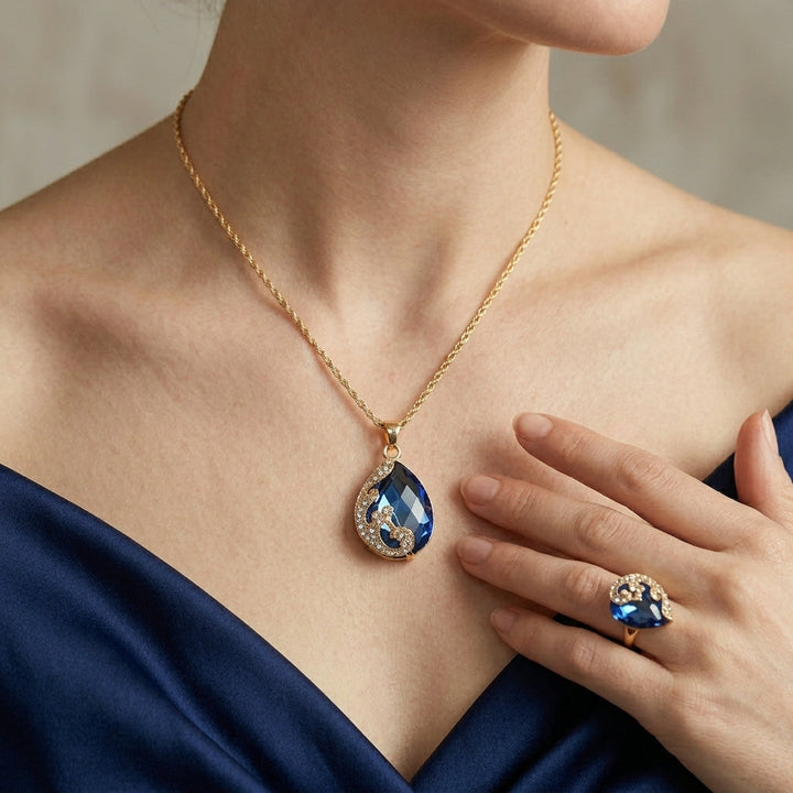 Gold Blue Crystal Necklace and Earring Set