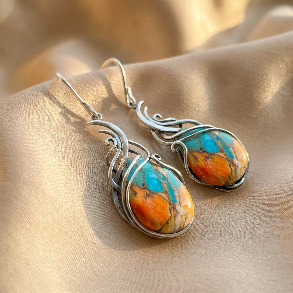 Blue and Orange Gemstone Dangle Earrings