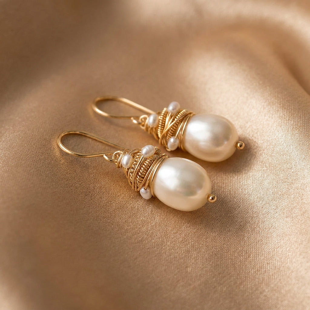 Vintage Pearl Earrings with Golden Thread Accents