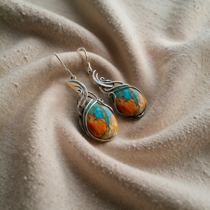 Blue and Orange Gemstone Dangle Earrings