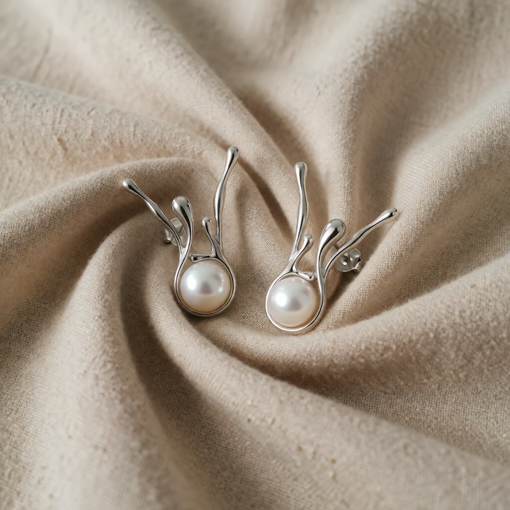 Vintage Asymmetrical Silver Pearl Earrings