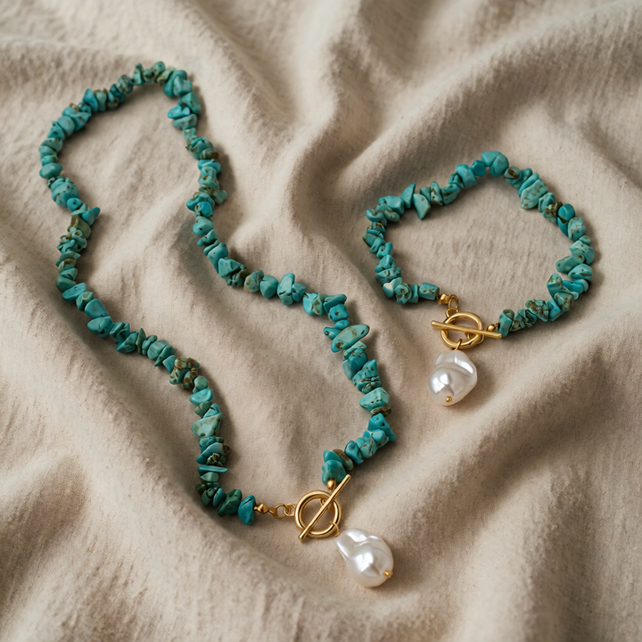 Bohemian Chip Bead and Pearl Pendant Jewelry Set