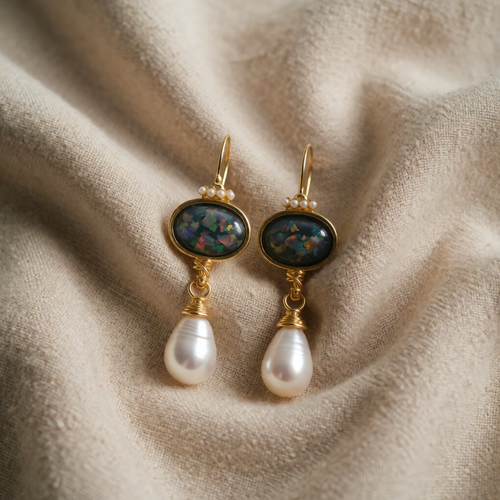 Geometric Earrings Featuring Black Stone and Pearl Accents