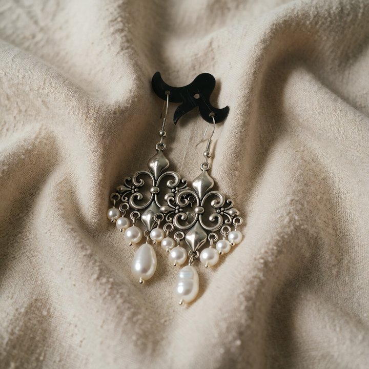 Filigree Drop Earrings with Pearl Chandelier Design