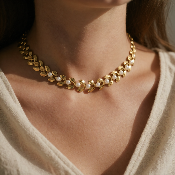 Pearl Leaf Link Necklace