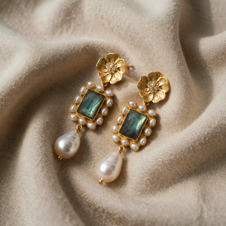 Floral Wreath Earrings with Pearl Drop Accent
