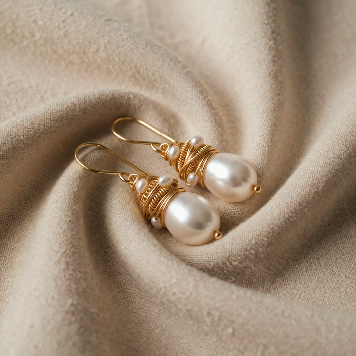 Vintage Pearl Earrings with Golden Thread Accents