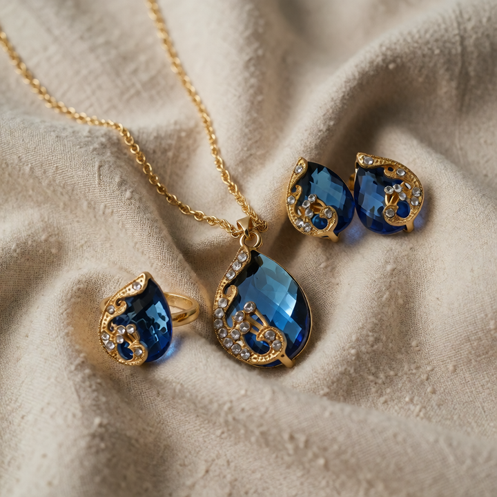 Gold Blue Crystal Necklace and Earring Set