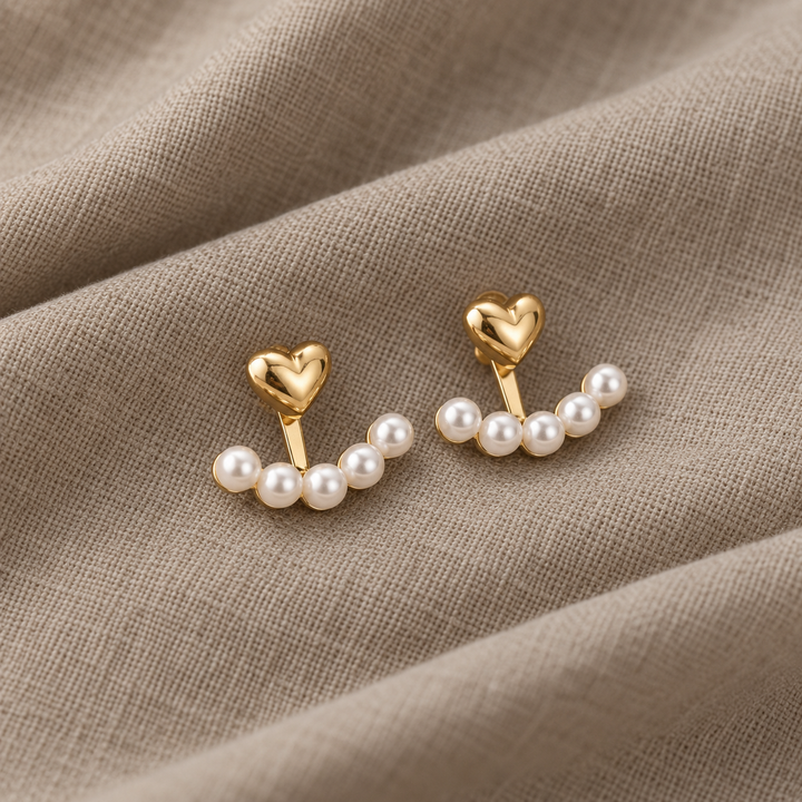 Pearl-Accented Heart Earrings with Stylish Ear Jacket