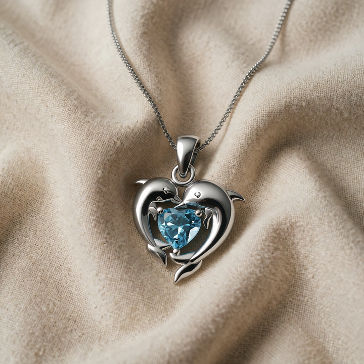 Blue Heart Necklace with Dolphin Love Design
