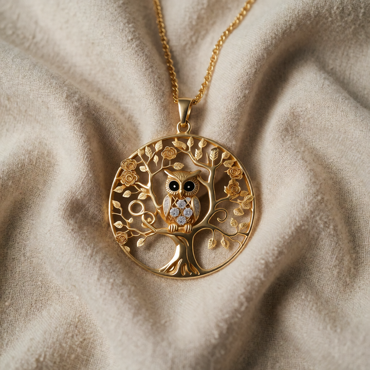 Golden Owl Tree of Life Pendant Necklace
