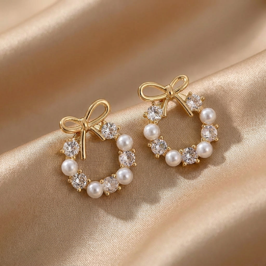 Bow, Halo, and Pearl Accent Earrings
