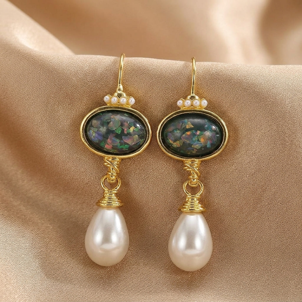 Geometric Earrings Featuring Black Stone and Pearl Accents