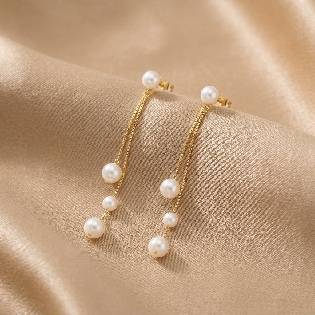 Trio of Pearl Drop Earrings on a Chain