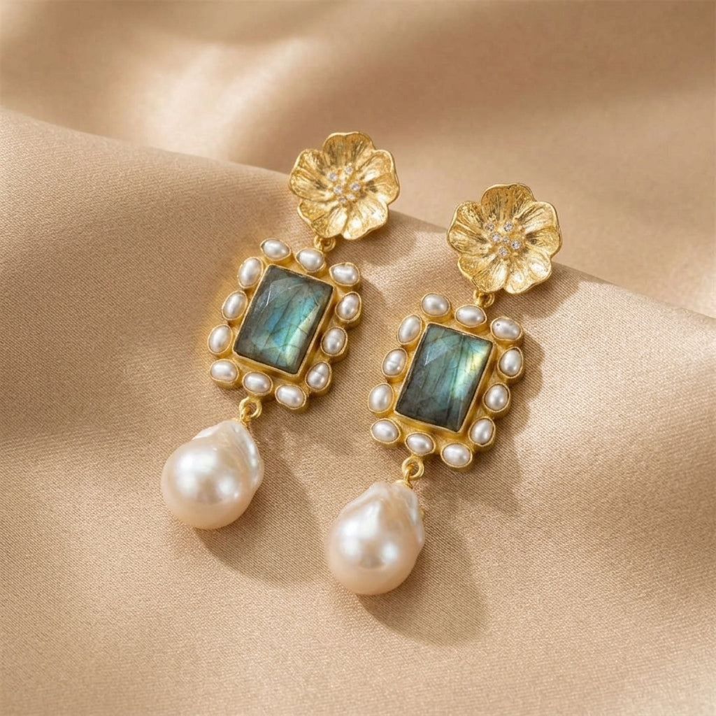 Floral Wreath Earrings with Pearl Drop Accent