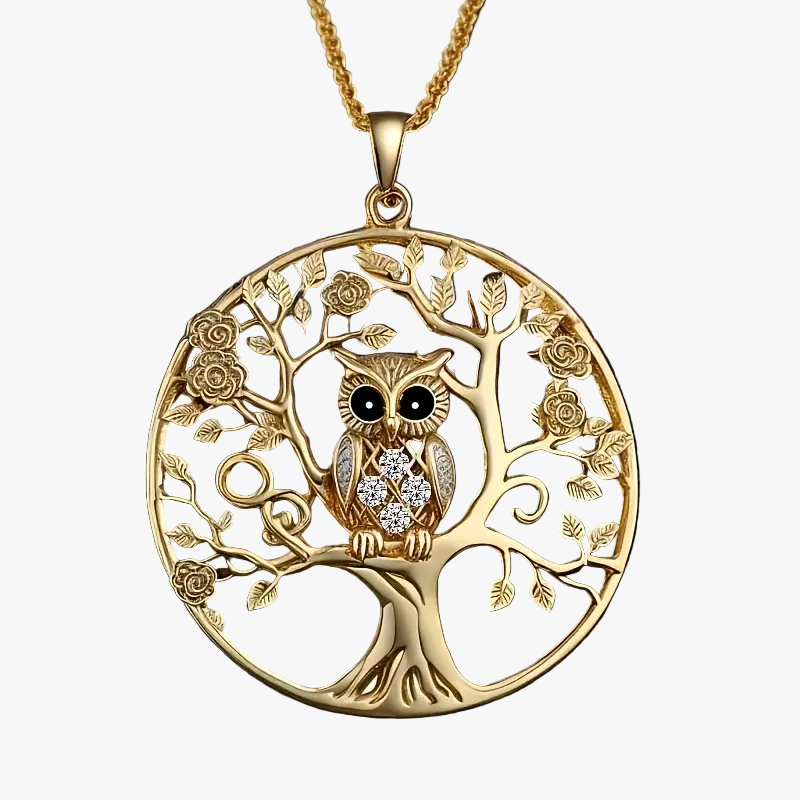 Golden Owl Tree of Life Pendant Necklace