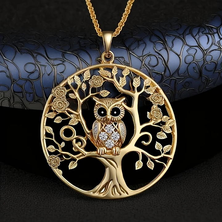 Golden Owl Tree of Life Pendant Necklace