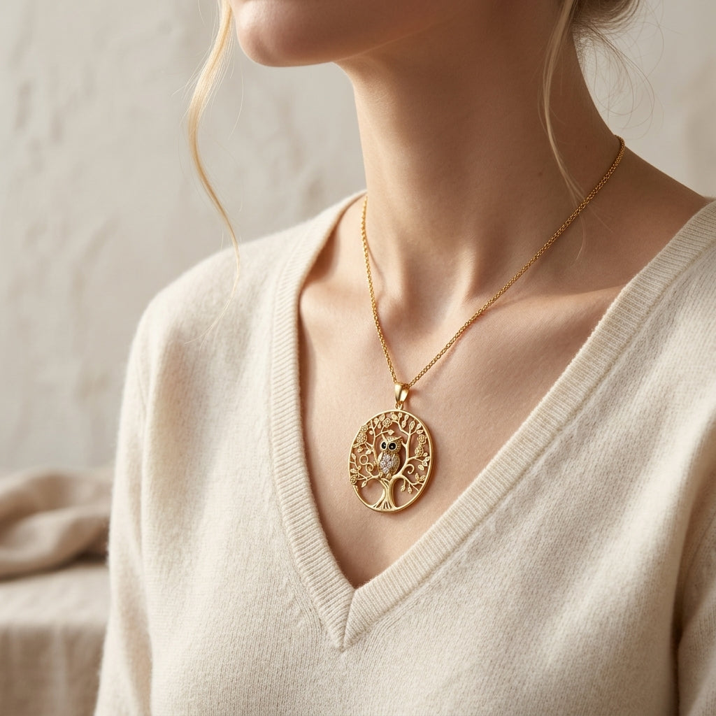 Golden Owl Tree of Life Pendant Necklace