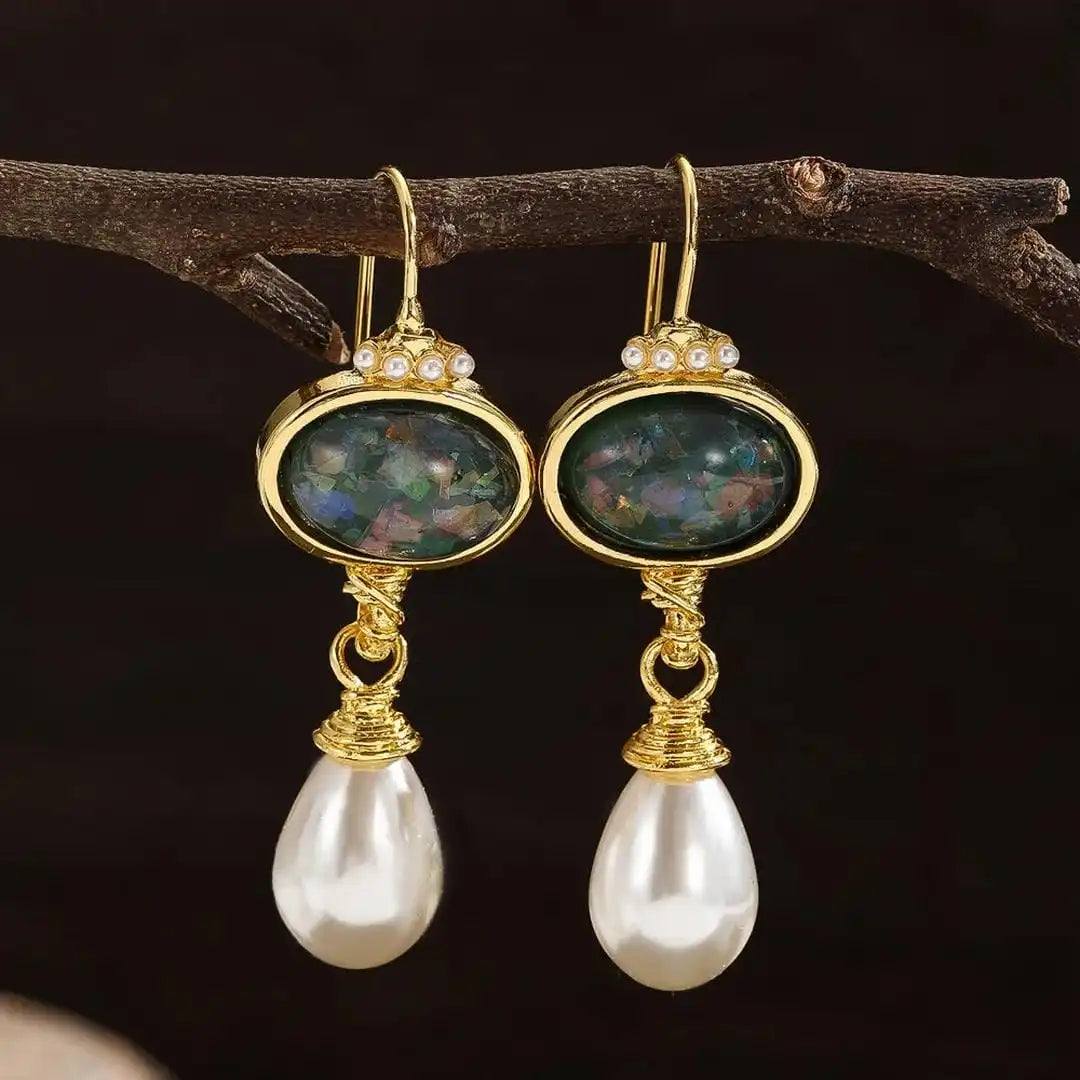 Geometric Earrings Featuring Black Stone and Pearl Accents