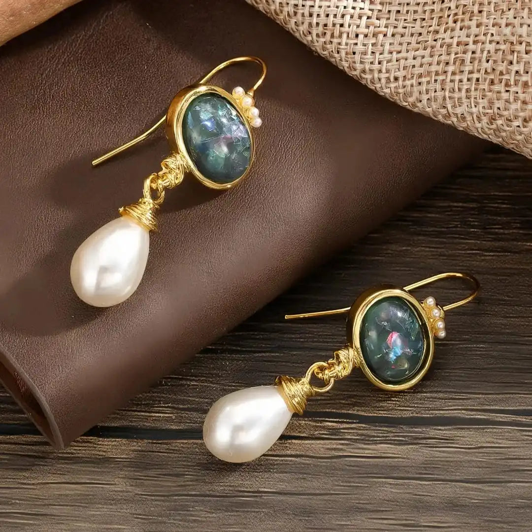 Geometric Earrings Featuring Black Stone and Pearl Accents