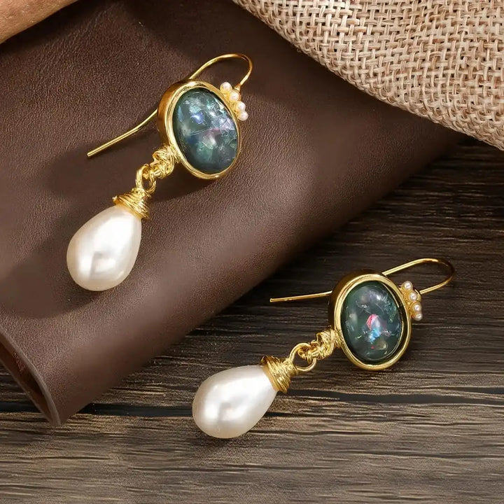 Geometric Earrings Featuring Black Stone and Pearl Accents