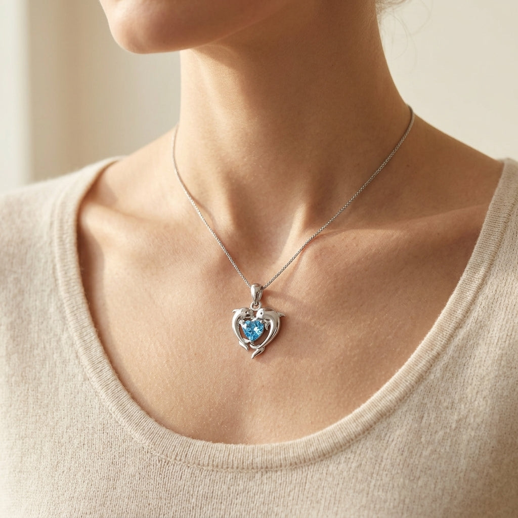 Blue Heart Necklace with Dolphin Love Design