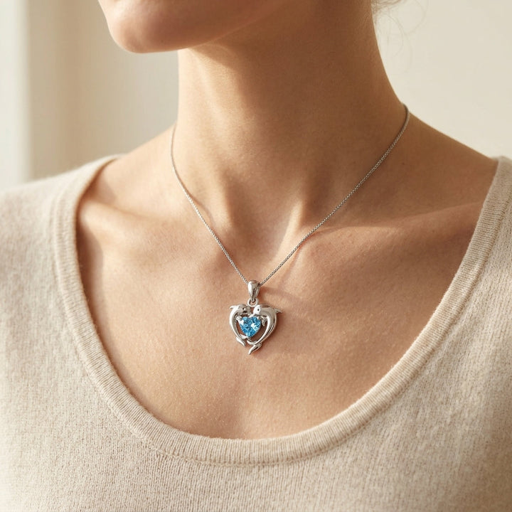 Blue Heart Necklace with Dolphin Love Design