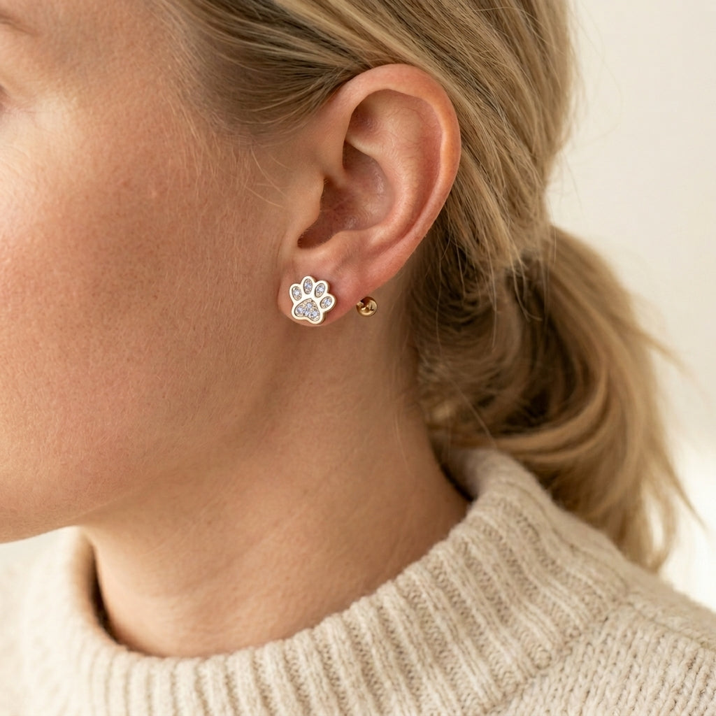 Silver Paw Print Earrings with Sparkling Crystal Detail