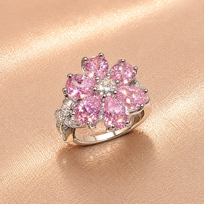 Statement Ring with Zirconia Flower Design