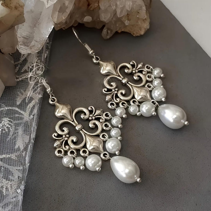 Filigree Drop Earrings with Pearl Chandelier Design