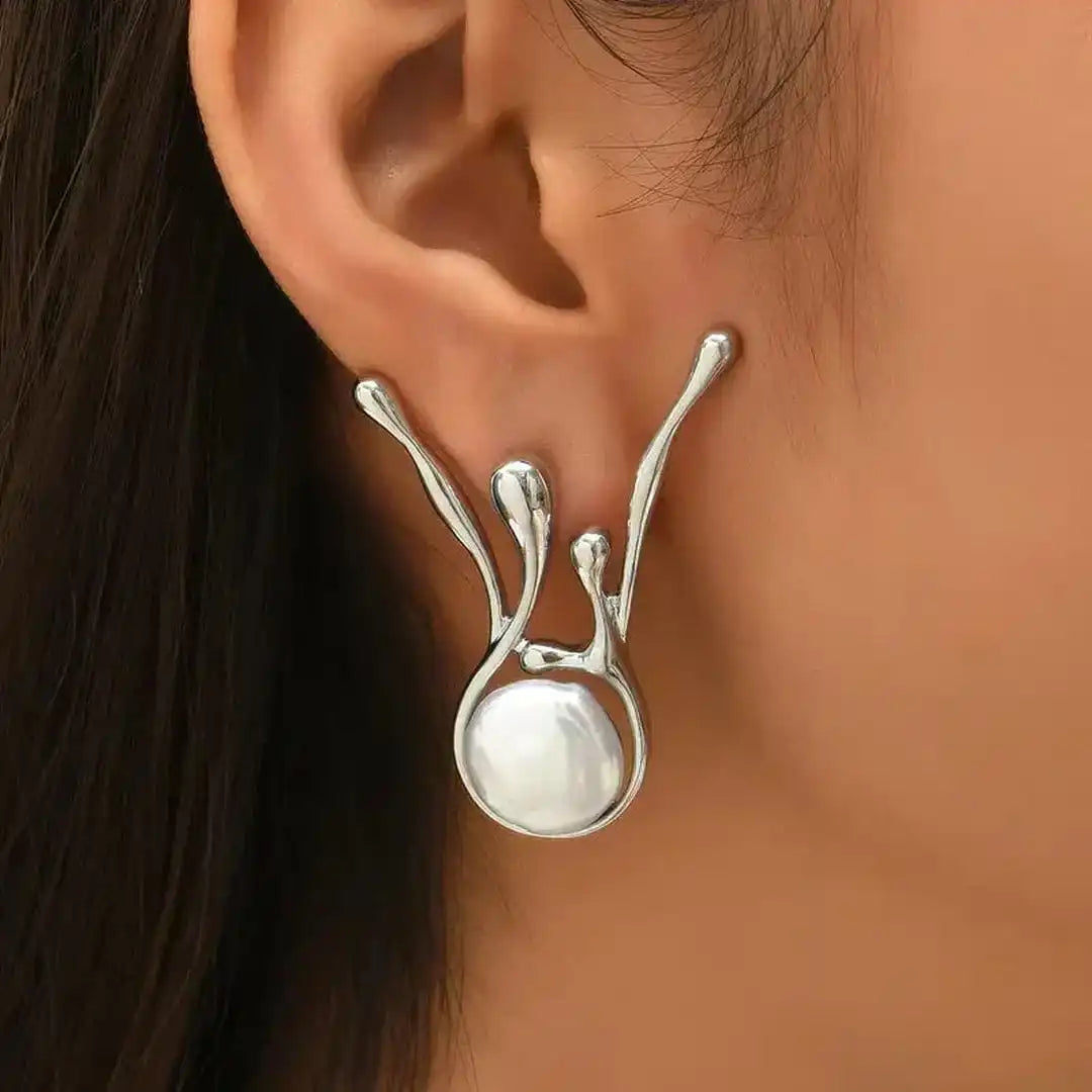 Vintage Asymmetrical Silver Pearl Earrings